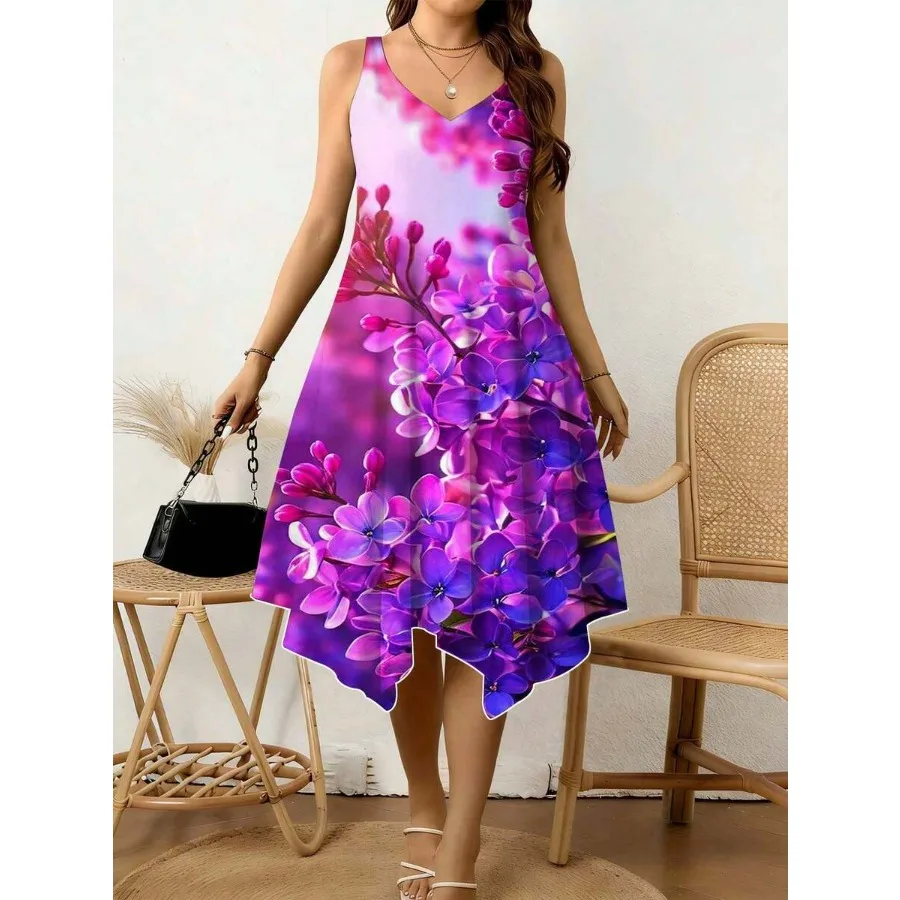 

【New style】Floral Print Women V Neck Sleeveless Dress Irregular Hem Design Comfortable Breathable Summer Vacation Casual Wear 2