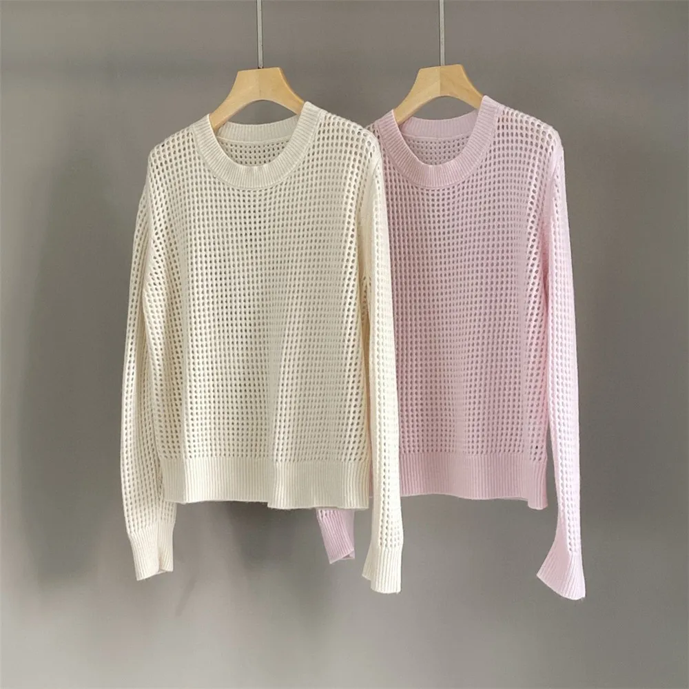 

25 Spring/Summer New Women's Round Neck Hollow Cashmere Fashion Versatile Casual Knitted Long Sleeve Top