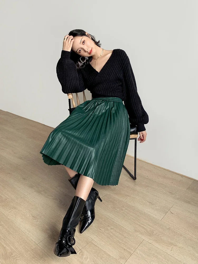 Genuine Sheepskin Leather Skirts 2024 Long Skirt Woman Vintage Skirt Female High Wasist skirts Pleated Skirt Vrouw Rokken Zjt