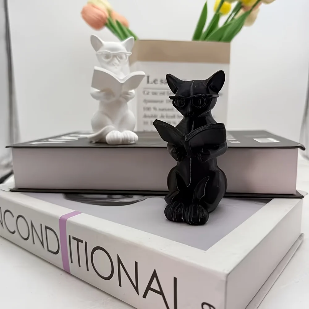 1/2 Piece with Random Color, Cat with Glasses Reading a Book, Smart Artistic Cat Sculpture, Modern Minimalist Study Desk Home Decoration, Creative Gift for Book Lovers, Best Friends, Colleagues, Room Aesthetic Decoration