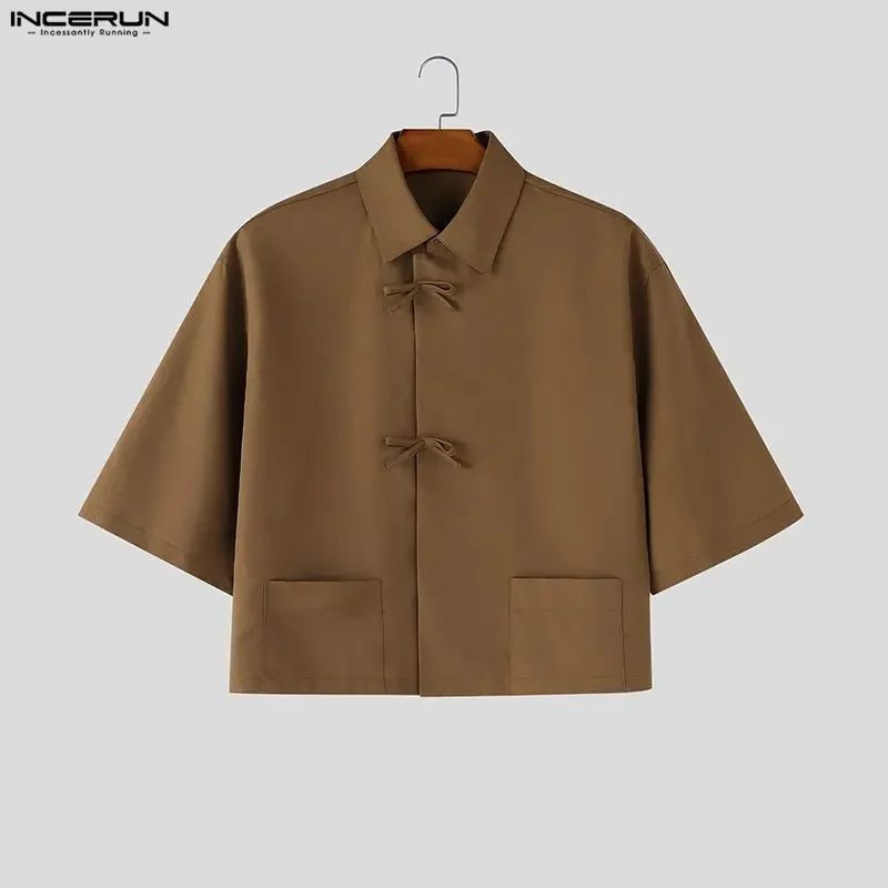 INCERUN Men's Shirt Solid Color Lapel Short Sleeve Casual Crop Tops Shirts For Man Streetwear Fashion Camisa Masculina Summer