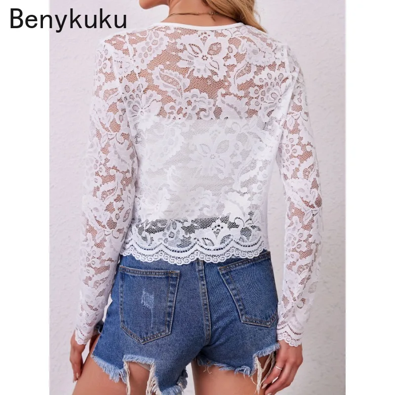 Elegant Long Sleeve See Through Floral Lace Jacket Cardigan Women Summer Cropped Top Coat Sunscreen Outwear Casual Cover Up 2025