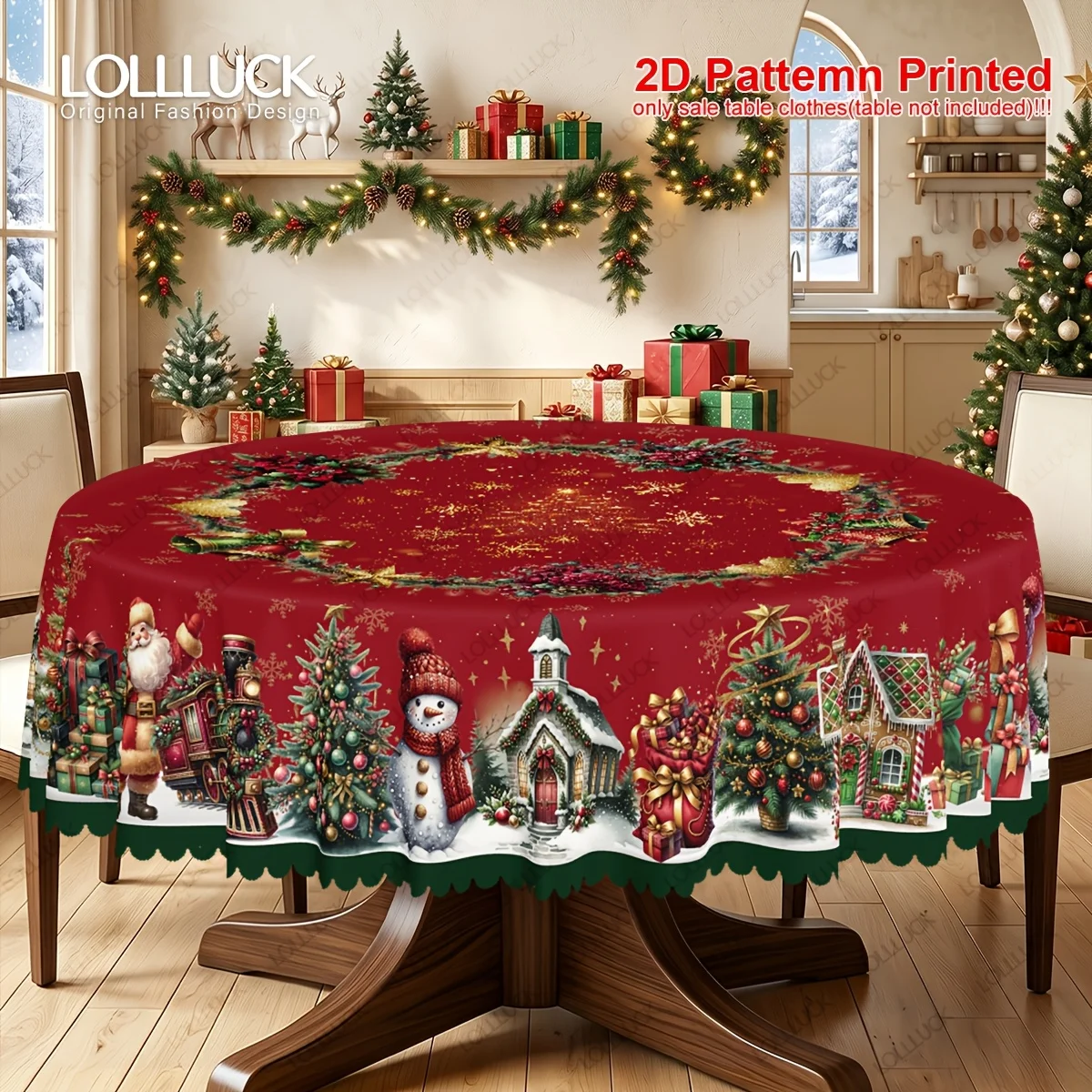 1 piece, Merry Christmas themed party tablecloth, Santa snowman Christmas tree floral design pattern print, with embossed edges,