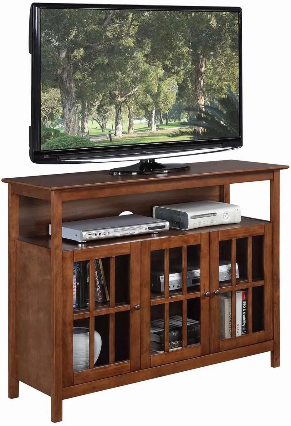 Big Sur Deluxe Tv Stand With Storage Cabinets And Shelf For Tvs Up To 55 Inches, Dark Walnut