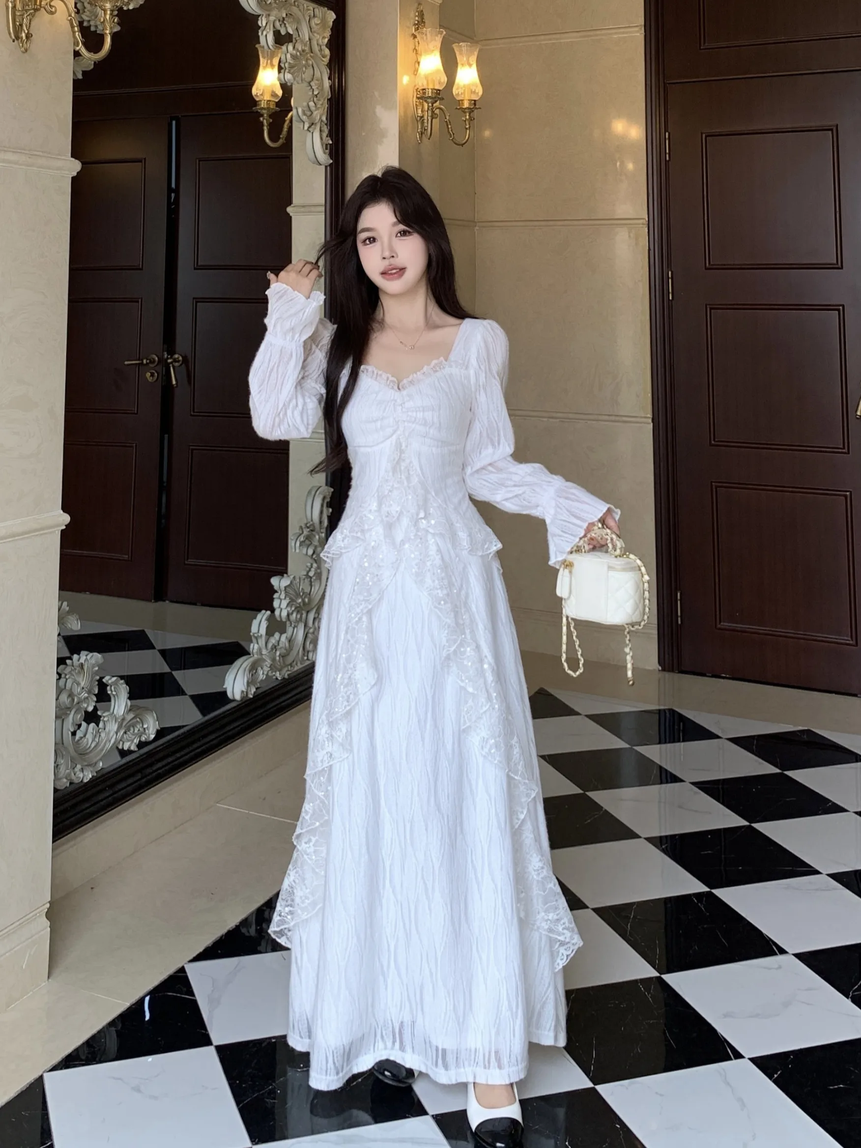 

plus Size Women's Elegant Lace Trim Square Collar A-Line Long Dress Autumn Winter Fashionable High Waist Skirt Korean Style