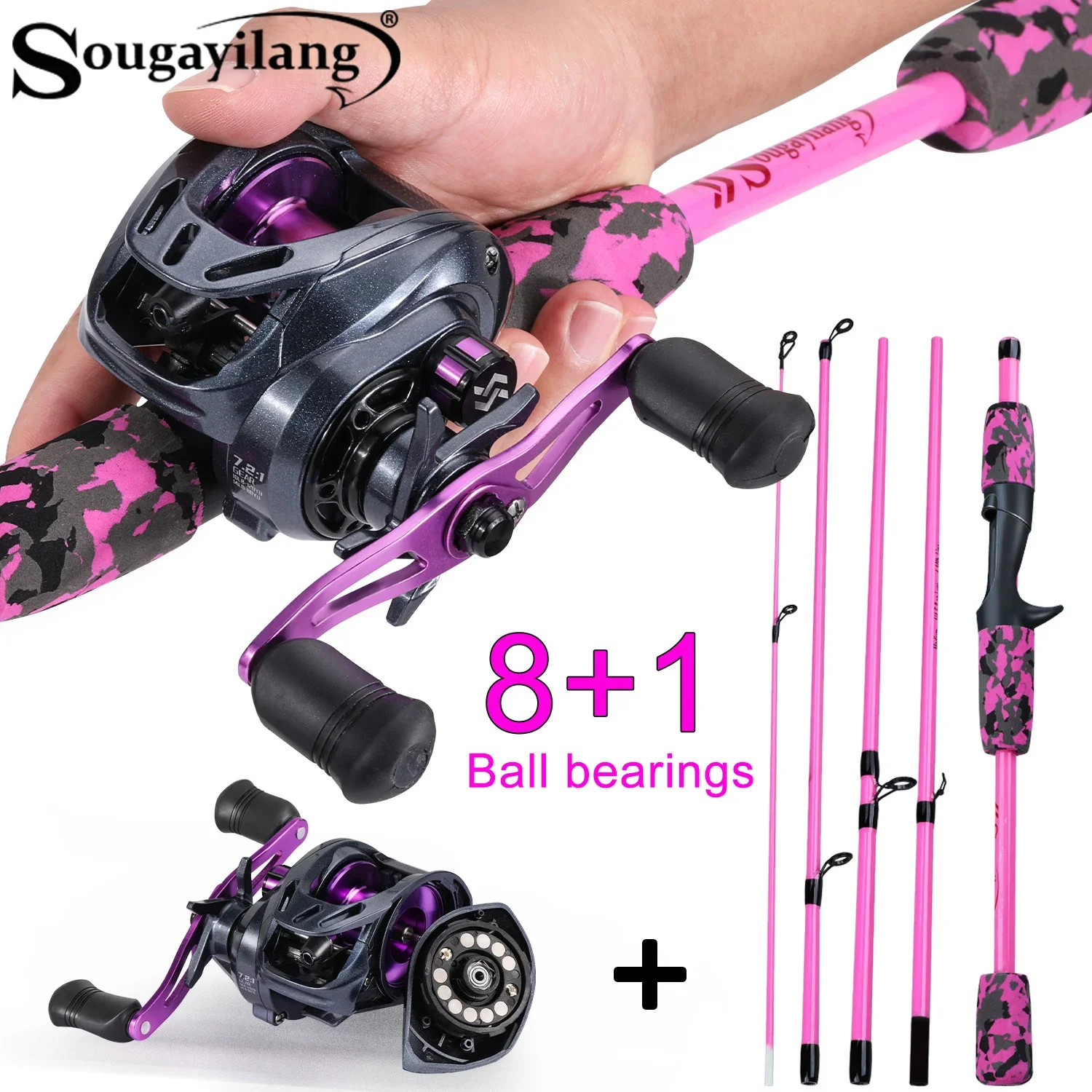 Sougayilang Lure Fishing Combo 5 Sections 170CM Carbon Fiber Fishing Rod and 8+1BB Baitcasting Reel Travel Fishing Set Pesca