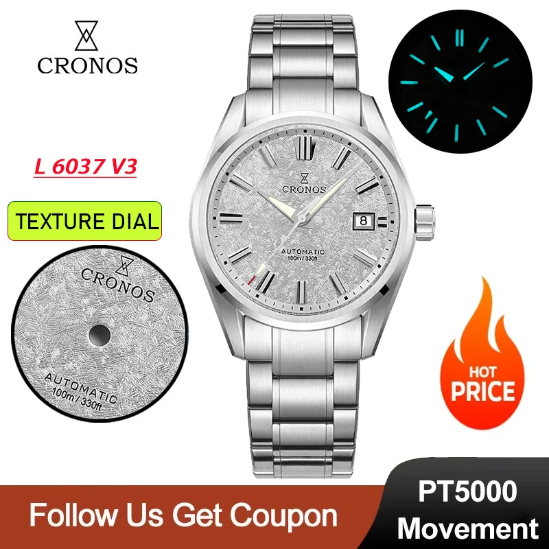 

Механические часы Cronos L6037M с автоматическим механизмом PT5000, 39 мм, текстурированный циферблат, мужские люксовые часы, водонепроницаемость 100 м, светящиеся стрелки BGW9
