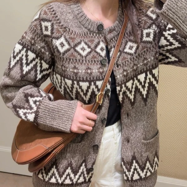 

Retro Geometric Knitted Cardigan Women's Wool Blend round Ne Button up Sweater Coat Spring Autumn New Arrival
