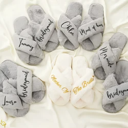 Custom Wedding Slippers for Bridesmaid Personalization Wedding Slippers Fluffy Team Bride Slippers White Pink Fluffy Slippers