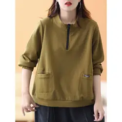 Office Lady Half High Collar Solid Color Pullover Zipper Lantern Long Sleeve Hoodies Loose Women's Clothing Casual Stylish Tops