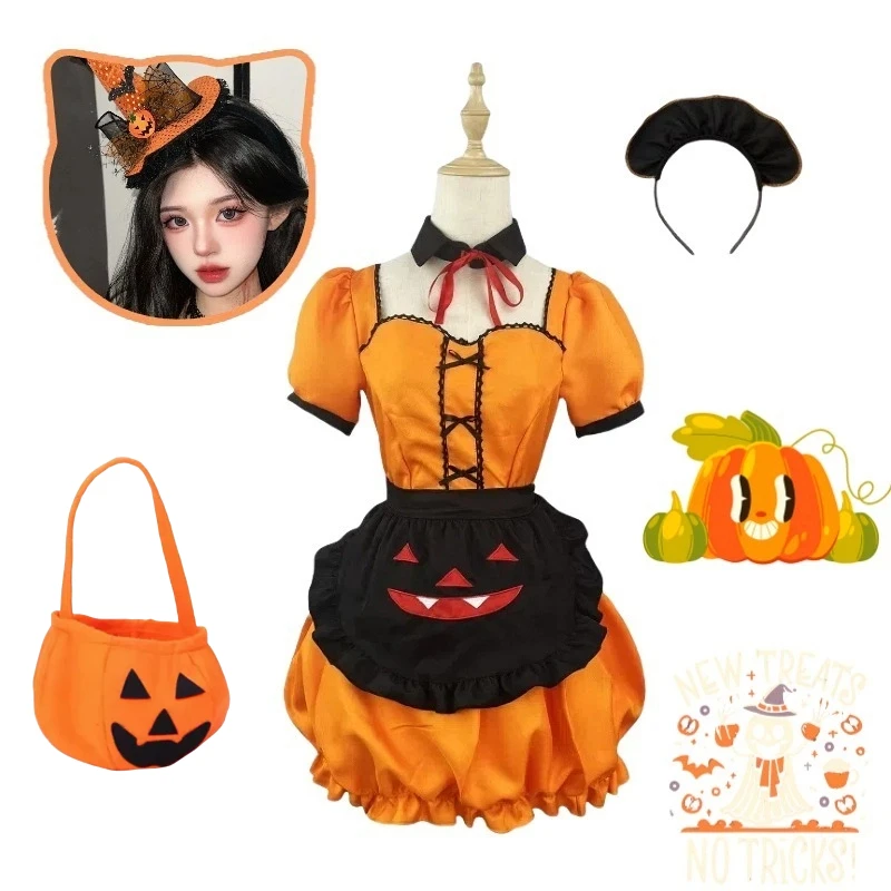 

Halloween Party Cosplay Pumpkin Maid Costume Sweet Yellow Dress Uniform with Accessories Full Set Role Play Outfit for Women