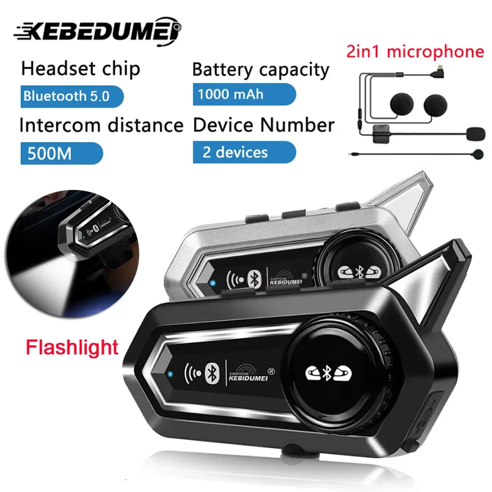 1/2x Motorcycle Bluetooth Helmet Headset Intercom 1000mAh MOTO Communicator 500m Interphone Handsfree Call Kit With Flashlight