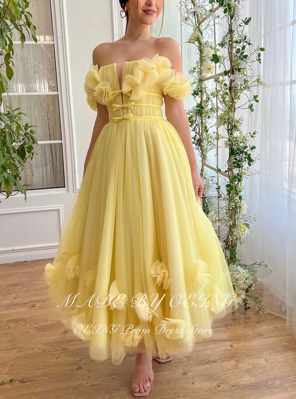 OEING Yellow Pastrol Prom Gown a-line Appliques abiti da sera Fairy Off The Shoulder Tulle abiti da festa di compleanno Vestidos De