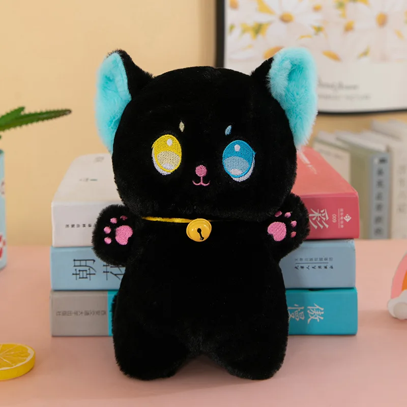 25 cm in bianco e nero con occhi diversi gatto peluche Kawaii fortunato campana farcito animale bambole di peluche giocattoli per bambini compleanno regalo di Natale