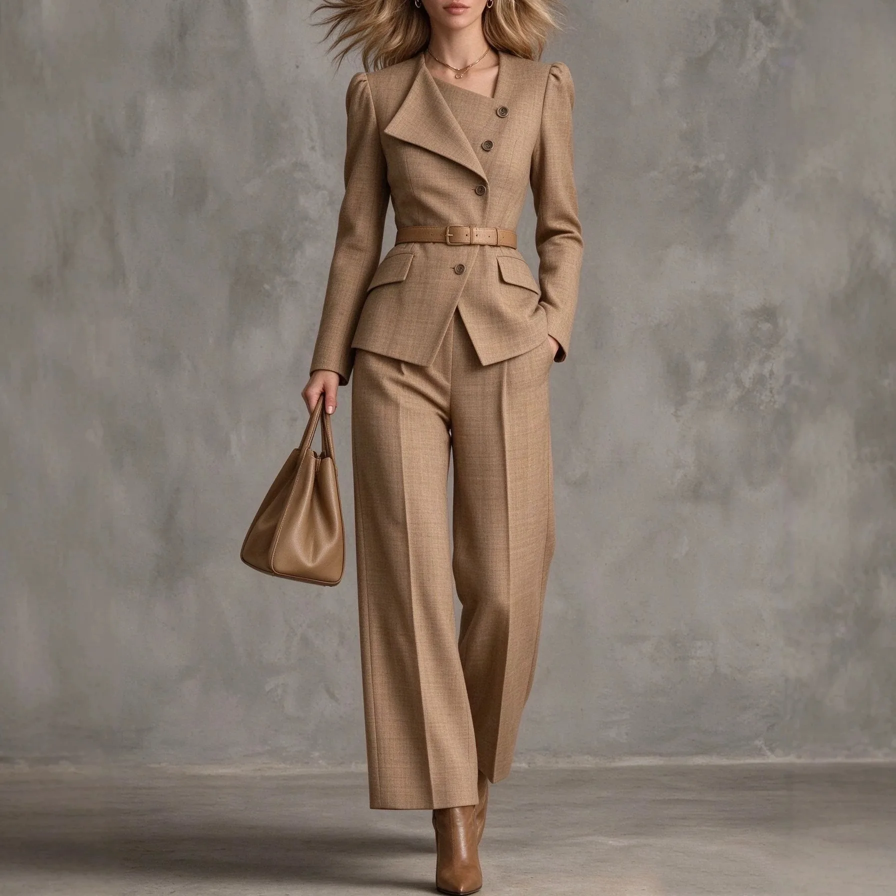Plaid Wide Leg Checked Two Set Regular Fit Minimalist Business Style Women Suit with Pocket Details and Patchwork Construction