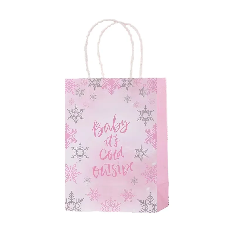 12Piece Medium Size Paper Party Favor Bags White Snowflake and  Pink Letter Candy Goodie Gift Bag for Wedding Decoration Suppliy