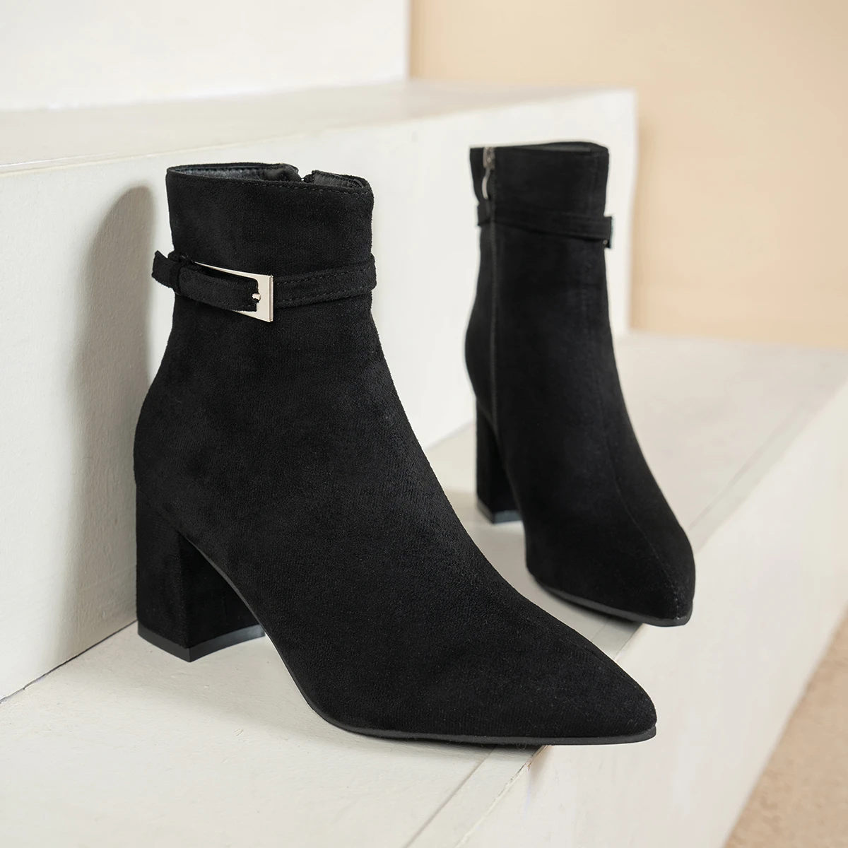 Pointed Short Boots Paired with A Qipao, Retro High-heeled Nude Boots view 3