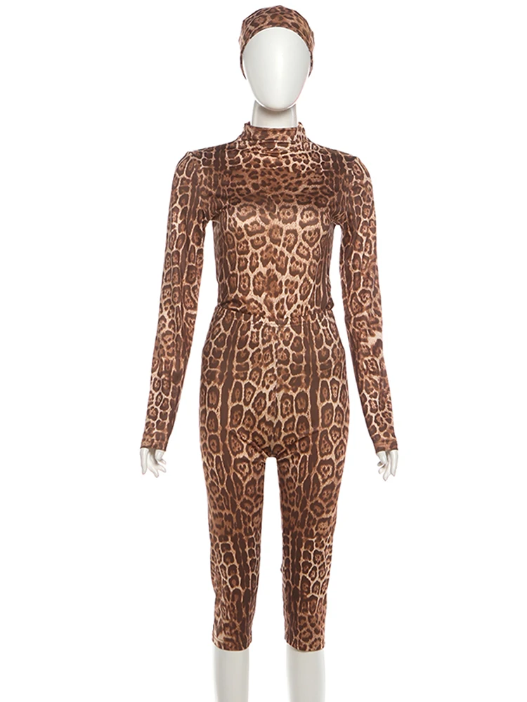 Nibber Sexy Leopard Print 3-Piece Set Women Headband+Half Turtleneck Full Sleeve t-Shirt+Elastic Waist Short Street Hottie Suits