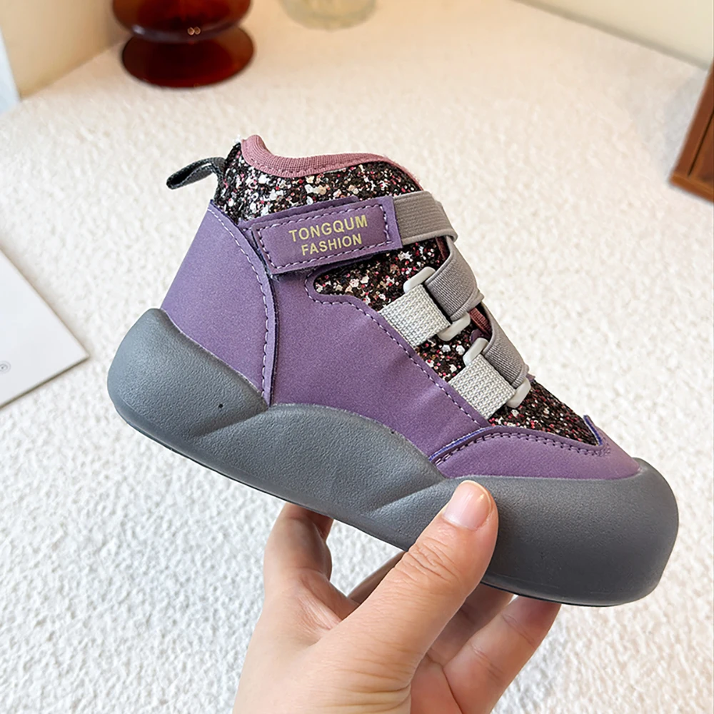 PU Leather Winter Boots For Children Trend Fashion Teenager Girl's Plush Boots Glitter Sequins Snow Boots For Girls Cotton Shoes