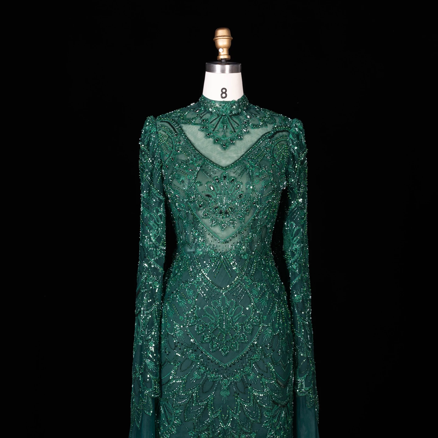Sharon Said Abendkleider Luxuriöses Meerjungfrauenkleid aus grünem Tüll mit Perlen, transparentem Korsett und hohem Kragen, Dubai Formelles Partykleid SS017 Maßanfertigung – Detail 7