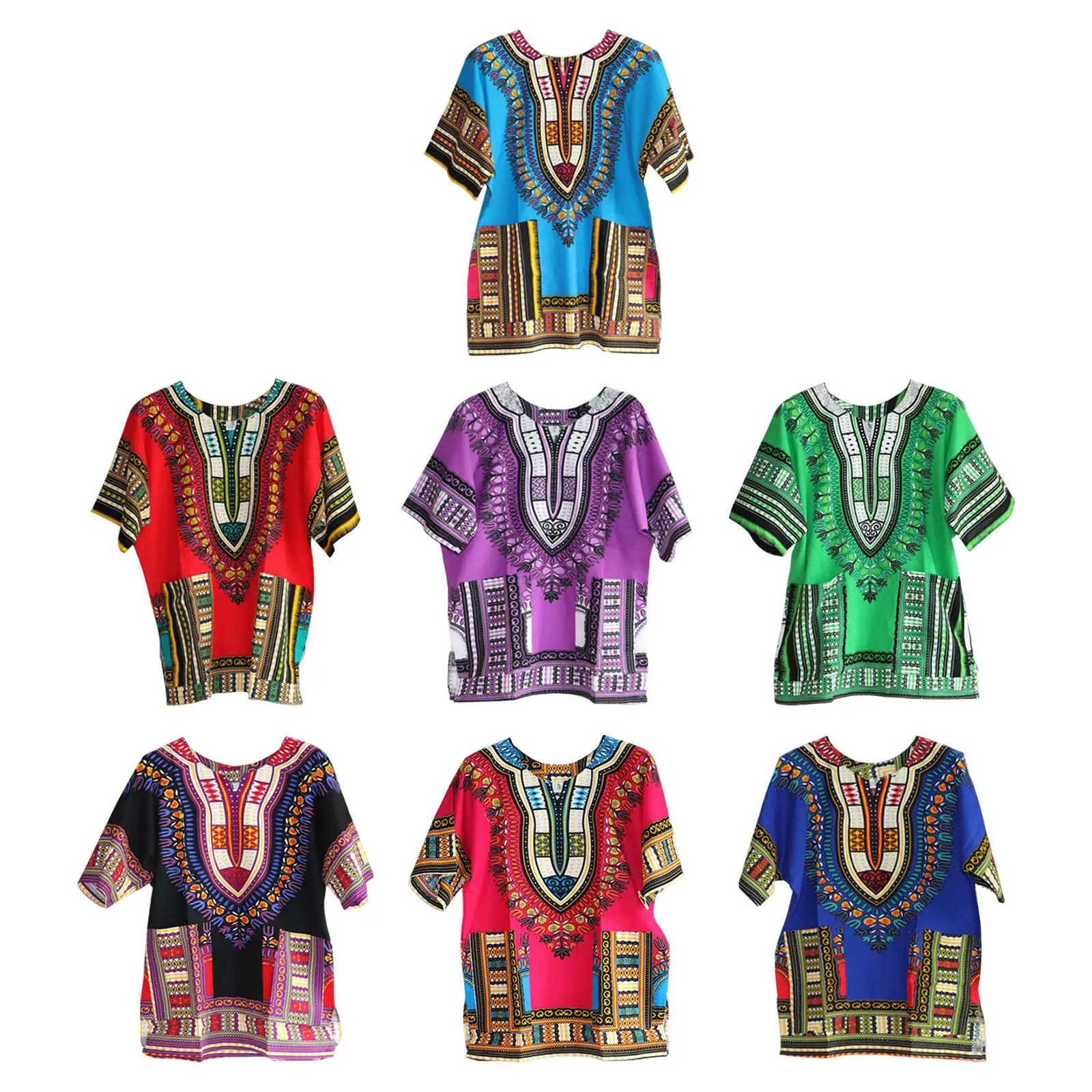 African Traditional Dashiki T Shirt Floral Geometric Print Cotton Blend Loose Fit Unisex Clothing for Men Women Casual Summer view 5