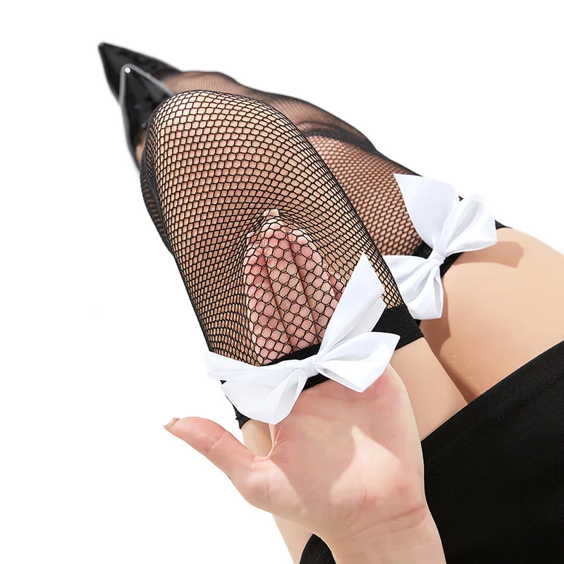 Bow Tie Stockings for Women Summer Evening Party Performance Wear Thigh High Socks Black Hollow Out Fishnet Stockings image 2