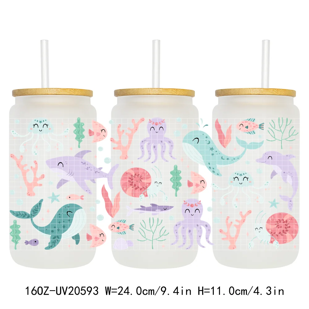 Floral Coquette Bow Seashell Ocean Animals UV DTF Cup Wrap Ready To Apply Transfer Stickers Durable For 16OZ Libbey Glass Can