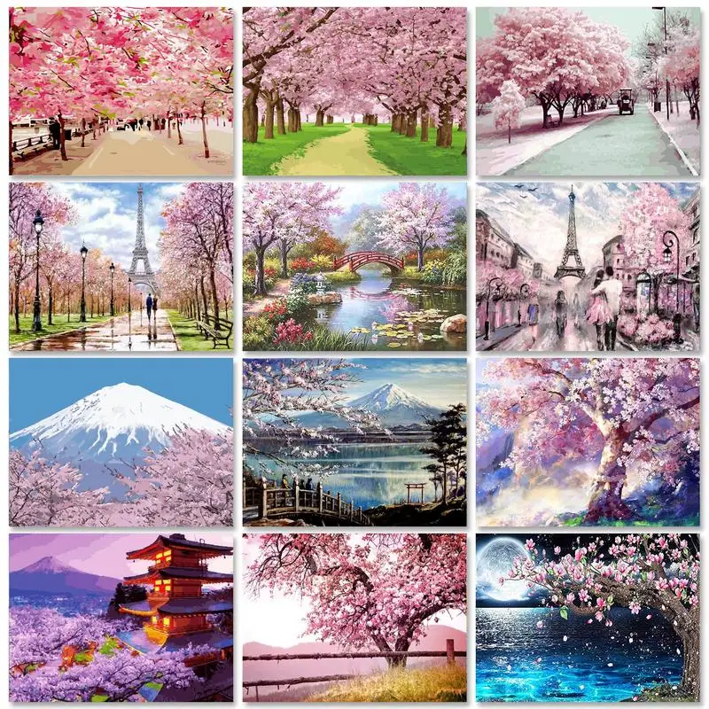 RUOPOTY 40x50cm Painting by Numbers Picture Paint Cherry Blossom Scenery for Adults Number Paiting Handicraft Handiwork Art Hobb