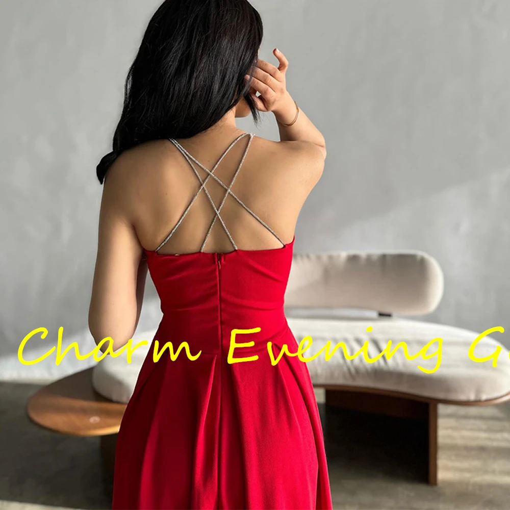 Customized Fashion A-Line Tea Length Strapless Spaghetti Straps Jersey Sleeveless Pleats Evening Dress Modern Photo Color Celebr