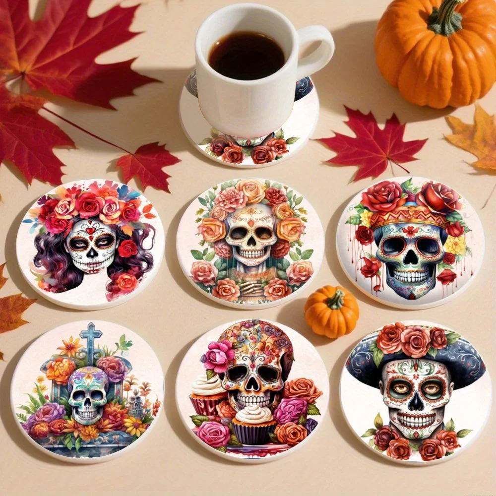 10CM Halloween Art Wooden Coasters Skull Flower Design Heat Resistant High Quality Home Parties Bars Home Decor Best Gift 2D