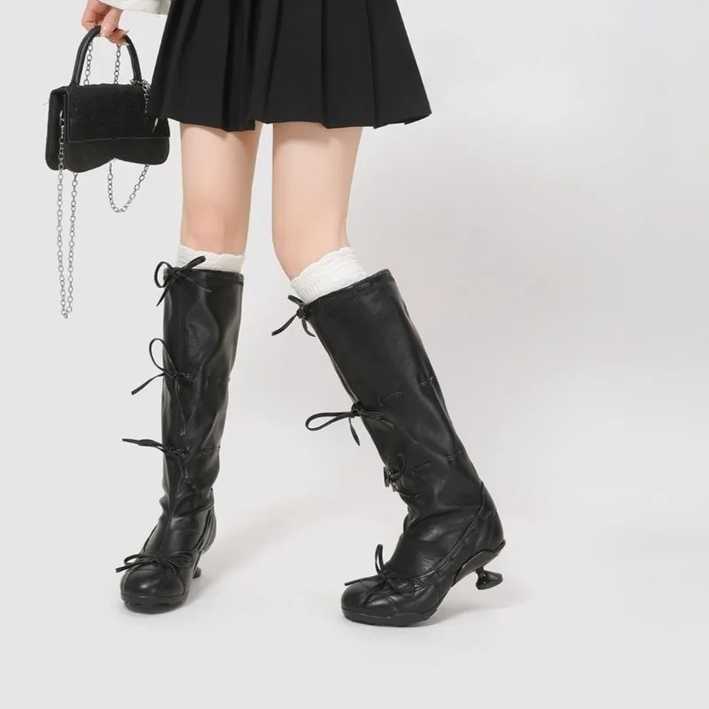 Fashion Bow Shaped Heel Women's Shoes Autumn Round Toe Non-Slip Tall Boots
