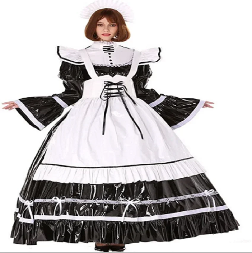 Delantal largo independiente con cerradura gótica de PVC negro, vestido Prissy Sissy, vestido de Cosplay para niñas, vestido cruzado personalizado para adultos