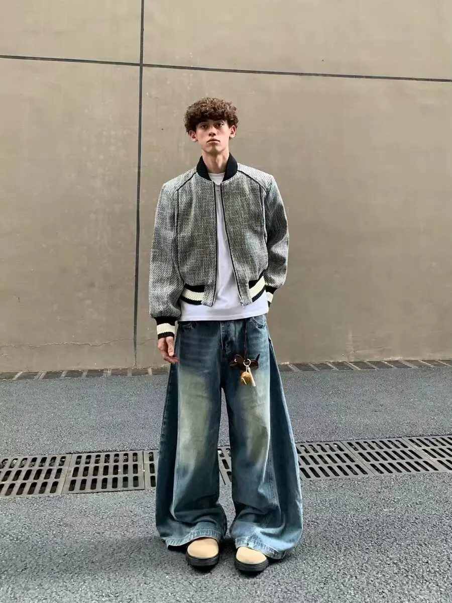 

Retro American Knitted Thin Thi Flower Small Fraance Sle Jaet Boys Deconstructed Baseball Collar Zipper Micro Outline...