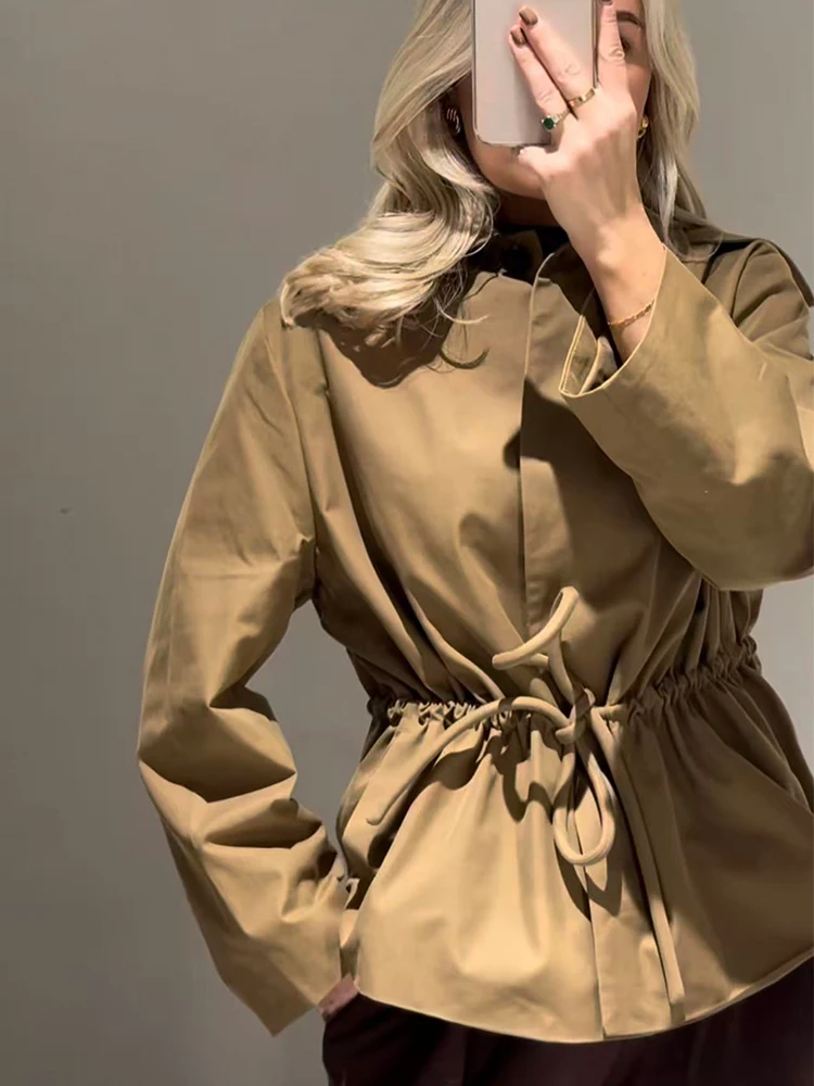 

TFMLN 2025 Autumn Women Loose Cropped Coats Fashion Causal Long Sleeve Solid Drawstring Jackets Ladies Streetwear Tops