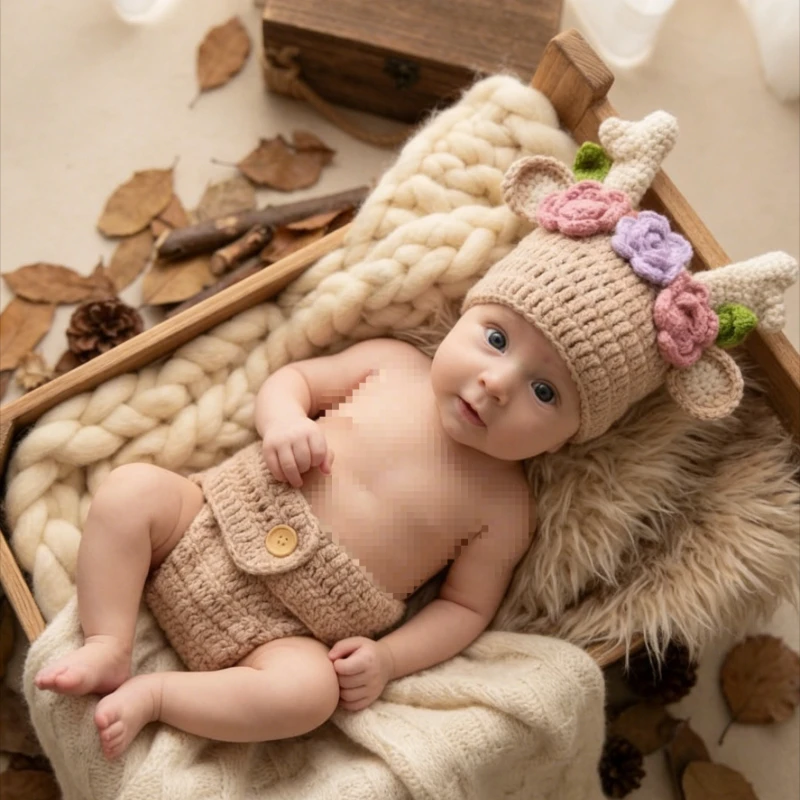 

2Pcs Newborn Photography Props Baby Deer Antler Hat Shorts Set Handmade Crochet Knitted Fawn Costume Infant Photo Shoot Outfit