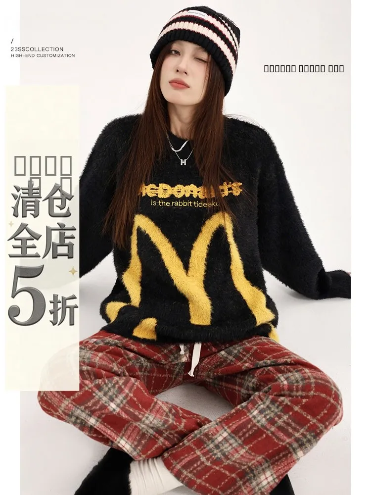 

Black Loose Fit round Neck Sweater Women's Overhead Style Fleece Warm Winter Fashion Commute Style Bubble Faux Fur Knitwear