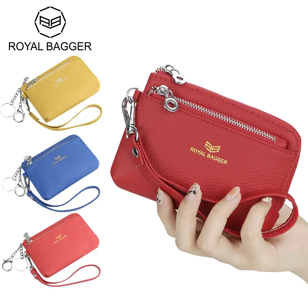 

Кошелек для монет Royal Bagger с брелоком, кошелек-клатч из натуральной кожи с несколькими молниями, портативный кошелек-клатч с ремешком на запястье, держатель для карт, женский кошелек