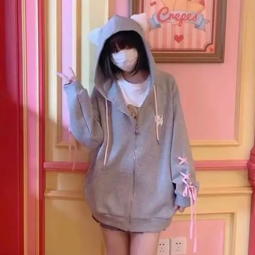 Grey Ear Embroidery Sudadera Mujer Sweet Casual Japanese Kawaii Hoodie Anime Sweatshirts Zip Up Top 2026 Jacket Women - view 3