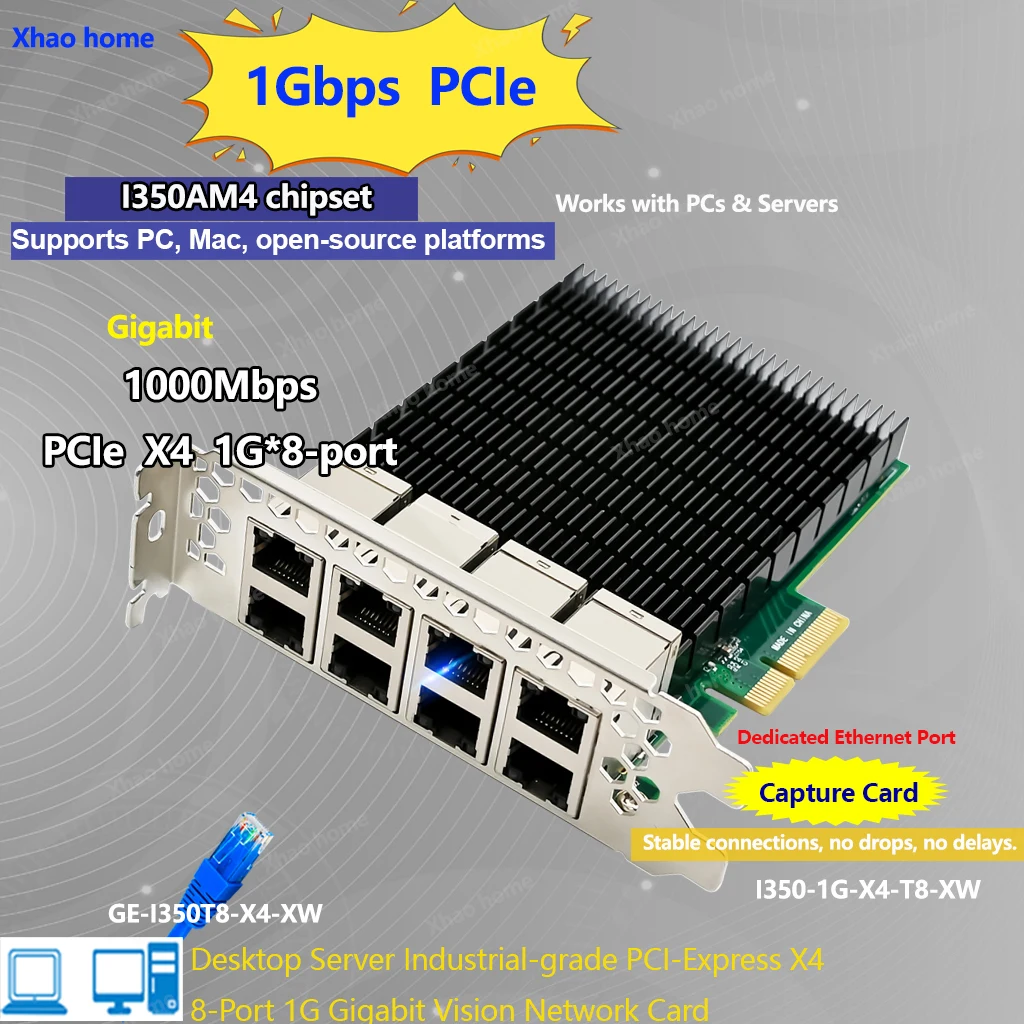 

8-Port Gigabit Ethernet PCIe x4 RJ45 Network Card For Intel I350AM4+Dual Bracket 1Gbps High-Speed Vision Capture Server PC NIC