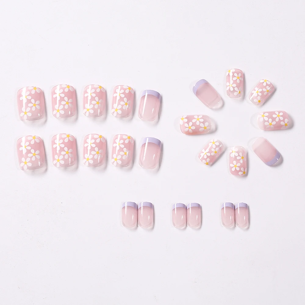 24 個パープルフレンチデイジー偽爪スクエアラウンド光沢のある無害プレスネイルチップ DIY ラインアートフルカバー付け爪女の子のため