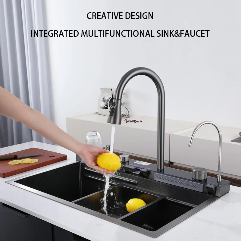 NEW Luxury Smart Kitchen Sinks 304 Stainless Steel Multifunction Sink Modern Waterfall Led Digital Display Kitchen Sink Set