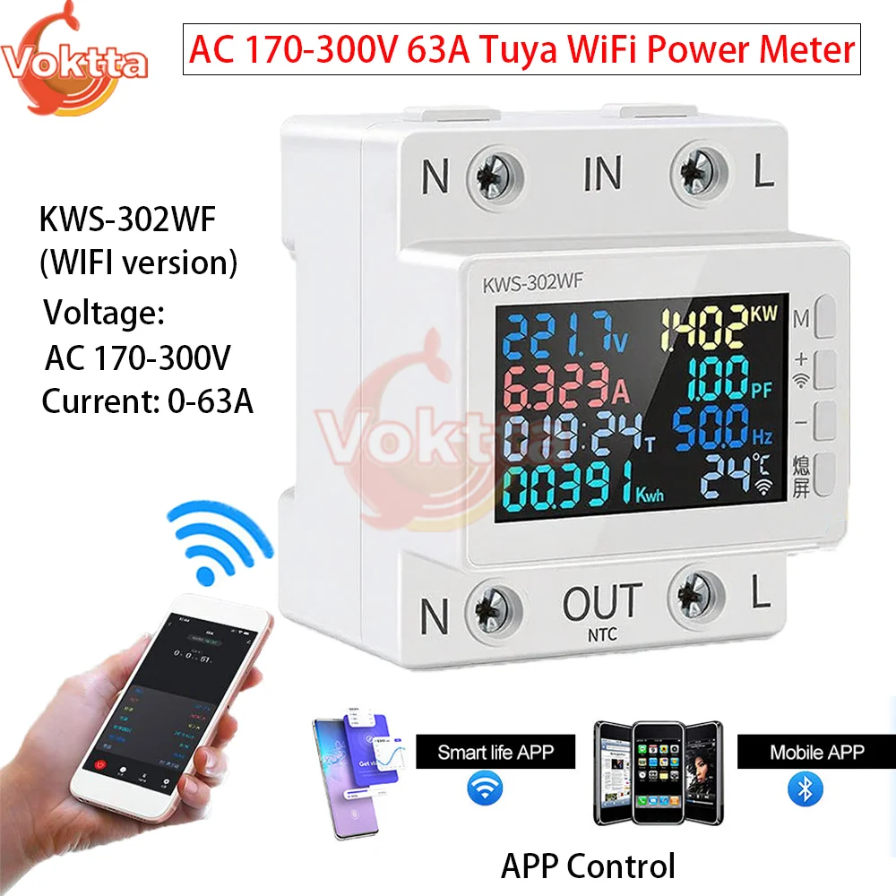 

AC 170-300V 63A Tuya WiFi Power Meter APP Control Digital Display Rail Voltmeter Ammeter AC Energy Meter Voltage Current Tester