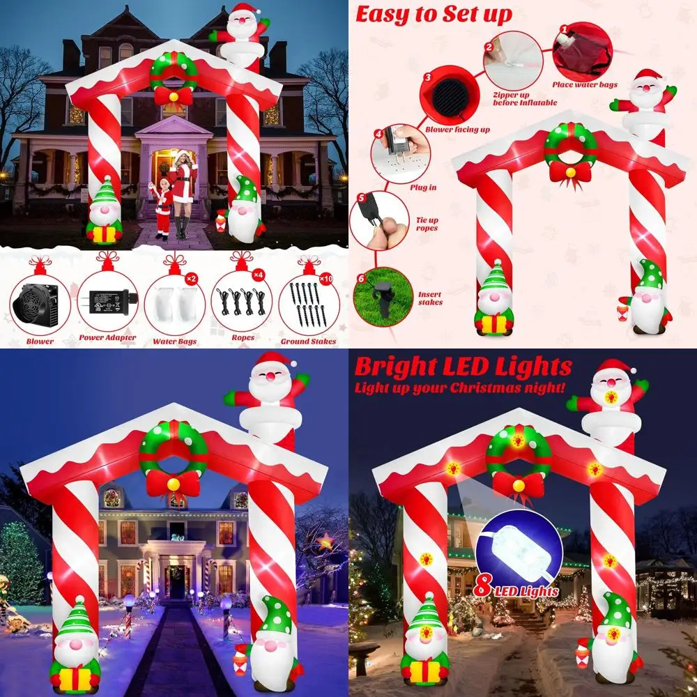 

Giant 10FT Outdoor Christmas Inflatable Arch with Gnomes, Santa, and LED Lights for Holiday Lawn Decor