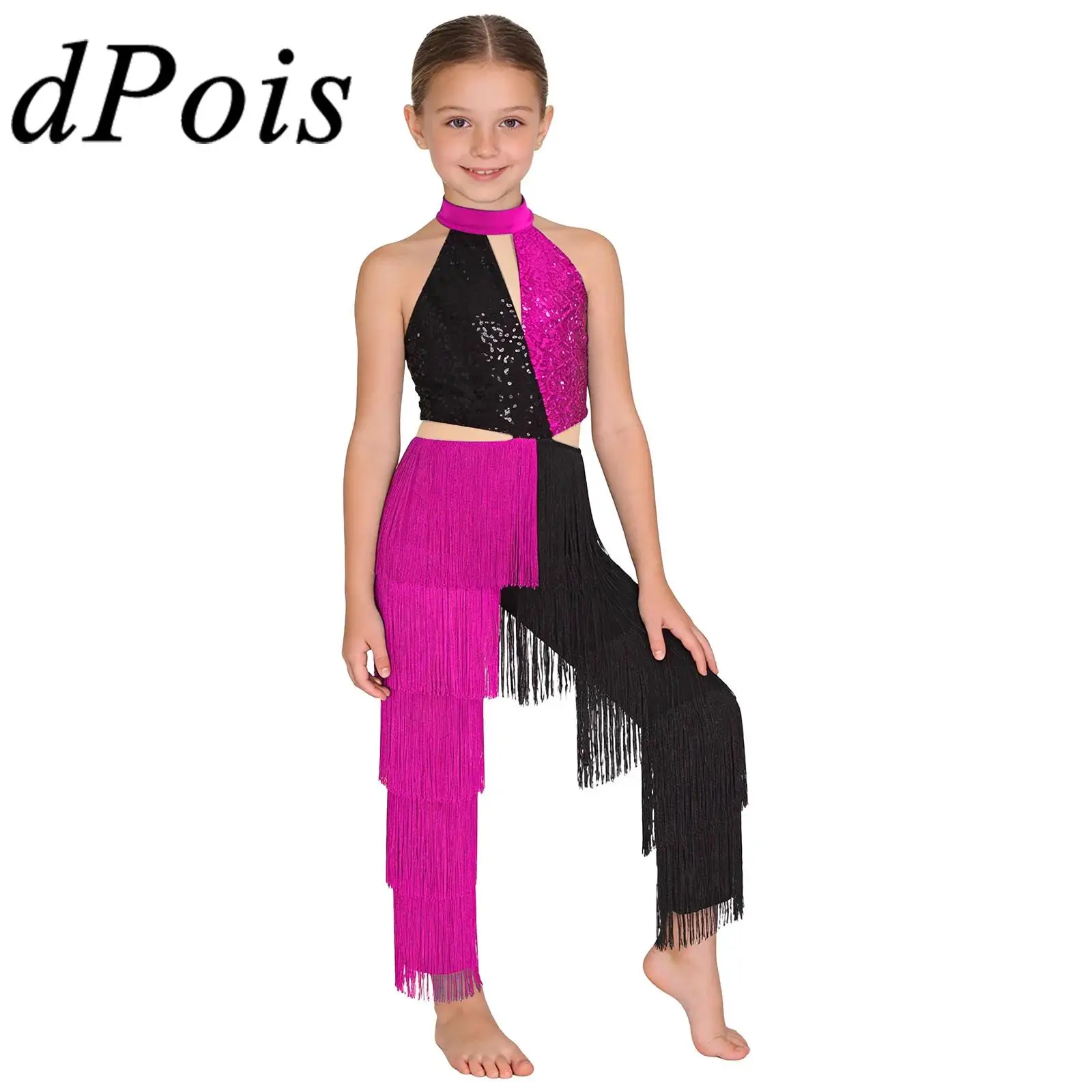 

Girls Tassel Latin Dance Costume Disco Party Romper Kids Stage Performance Dancewear Children Sequin Jumpsuit Halter Romper