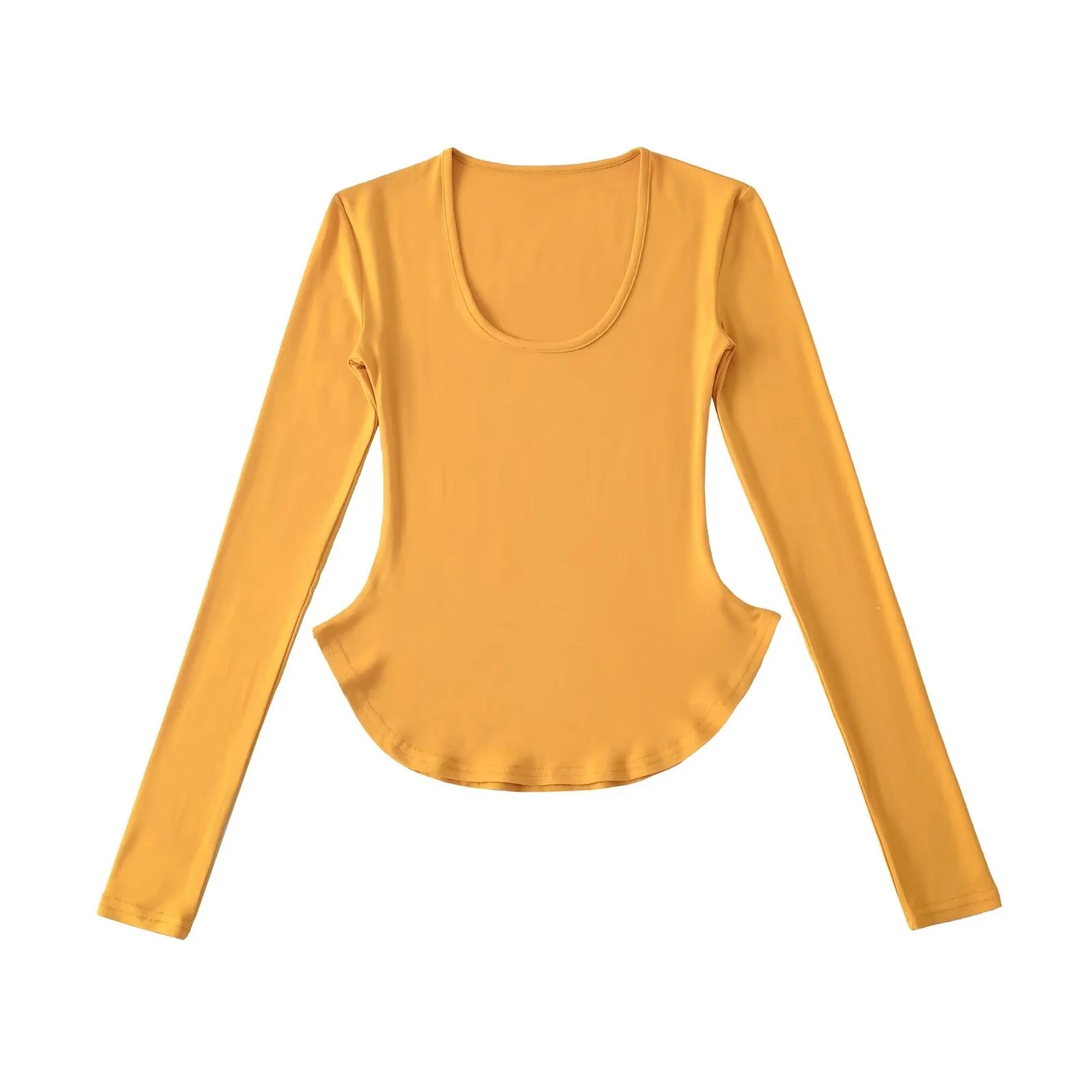 Sweet And Spicy Slim Fit Versatile Base Shirt round Hem Ant Waist Short Top Pure Desire Wind Irregular Long Sleeve T Shirt Women