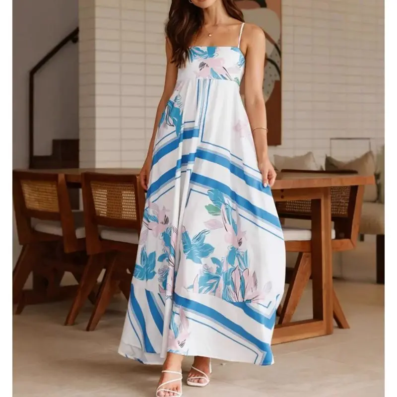 Combhasaki Donna Estate Boho Beachwear Tracolla sottile regolabile Collo quadrato Stampa floreale A-line Cami Slip Abito lungo fluido