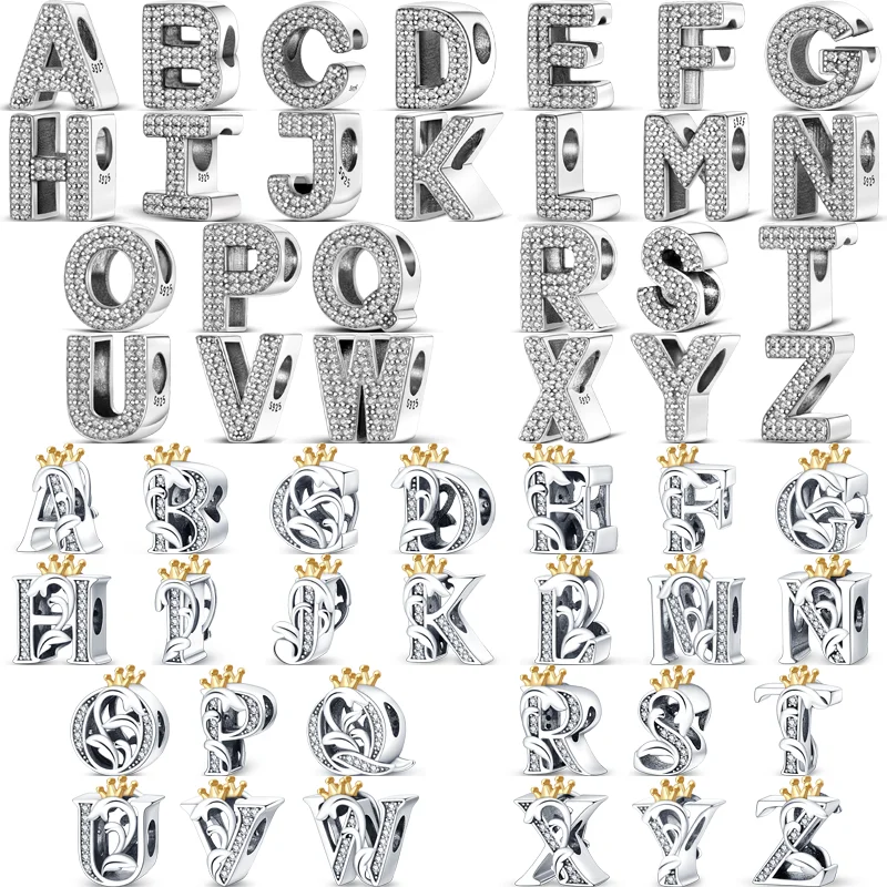 

New 100% 925 Sterling Silver Letter A-Z 26 Alphabet DIY Name Clear Zircon Charm Beads Fit Original Pandora Bracelet Fine Jewelry