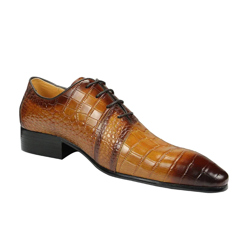 Zapatos de vestir Oxford de cuero marrón para hombres, punta estrecha, Derby, boda, negocios, diseño especial, grano de cocodrilo, zapatos genuinos,