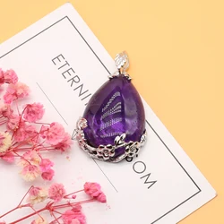Water Drop Amethyst Pendants Necklace Silver Color Wire Wrap Chakra Natura Stone Pendant Women Men Reiki Jewelry