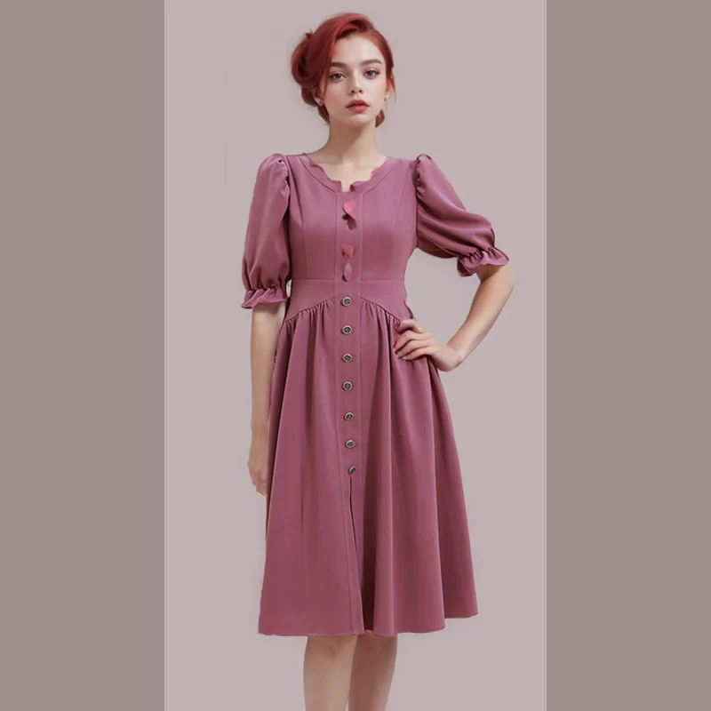 High end Fashion Umbrella Skirt New V-neck Bubble Sleeve Button French Dress Women